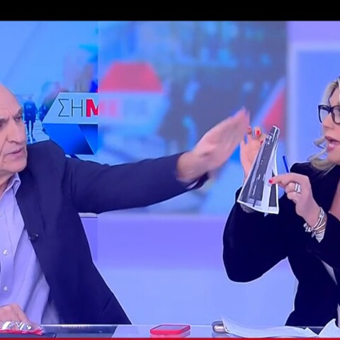 Στιγμιότυπο από το επεισόδιο μεταξύ Άννας Καραμανλή - Γιώργου Βαρεμένου σε εκπομπή του ΣΚΑΪ