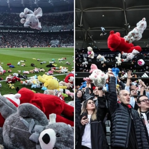 Τουρκία: Οπαδοί της Μπεσίκτας πέταξαν αρκουδάκια στο γήπεδο για να δοθούν σε παιδιά που επλήγησαν από τον σεισμό.
