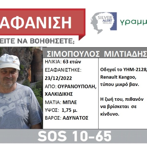 Εξαφάνιση του 63χρονου Μιλτιάδη Σιμόπουλου από τη Χαλκιδική
