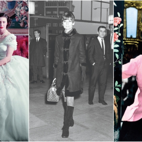 Από αριστερά: Η πριγκίπισα Μαργαρίτα με έξωμη λευκή τουαλέττα Dior. Η Audrey Hepburn με Louis Vuitton «Speedy» τσάντα. Η Σανέλ με ροζ σακάκι, ποζάρει στη σουίτα της στο Ritz