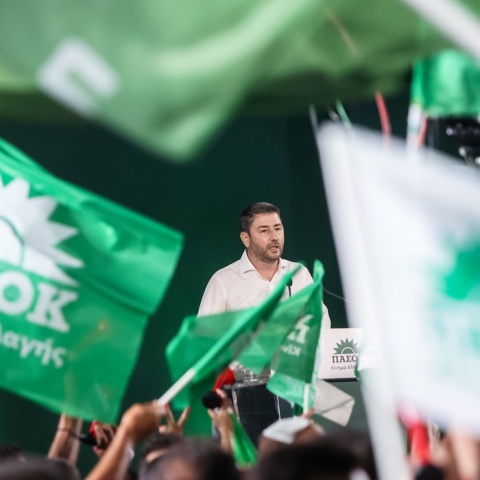 Ο Νίκος Ανδρουλάκης ανάμεσα σε σημαίες του ΠΑΣΟΚ