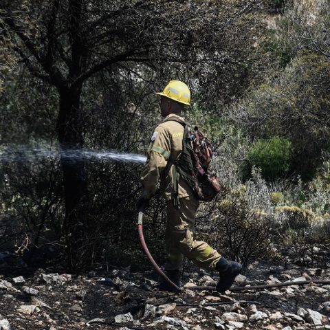 Πυροσβέστης με τη μάνικα ανά χείρας επιχειρεί για την κατάσβεσης φωτιάς