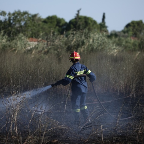 Πυροσβέστης με τη μάνικα ανά χείρας επιχειρεί για την κατάσβεσης φωτιάς
