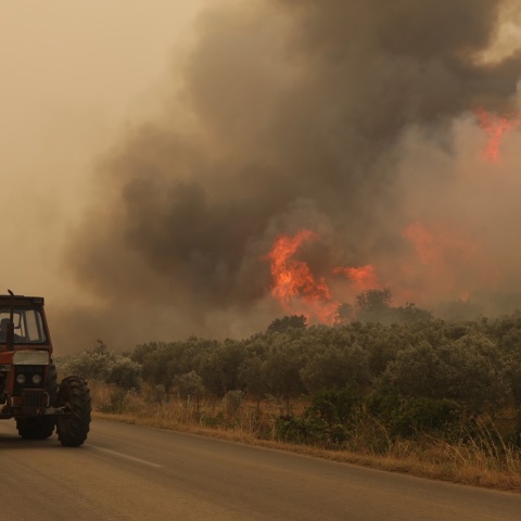Τρακτέρ περνά σε δρόμο όπου δίπλα καίει η φωτιά στην Αλεξανδρούπολη