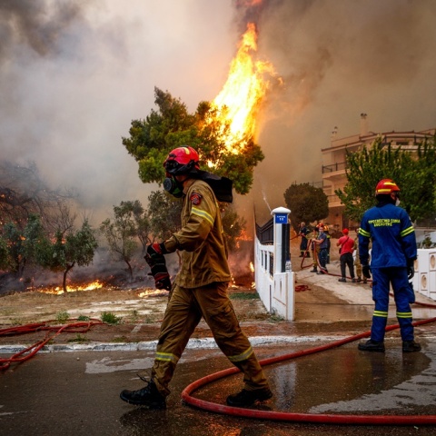 Πυροσβέστης σε σημείο όπου έχει πάρει φωτιά
