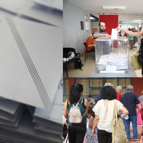 Ψηφοδέλτια του ΣΥΡΙΖΑ και πολίτες που ασκούν το εκλογικό του δικαίωμα, είτε περιμένουν στην ουρά