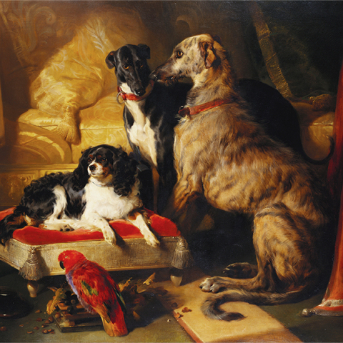 Edwin Landseer, Hector, Nero and Dash with the Parrot Lory, 1838 Royal Collection Trust _ © His Majesty King Charles III 2023