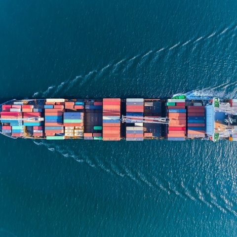 Φορτηγό πλοίο μεταφέρει κοντέινερ - Λήψη από ψηλά