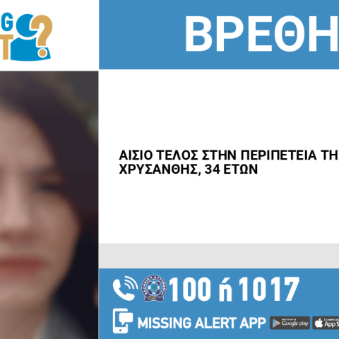 Η 34χρονη Χρυσάνθη εντοπίστηκε από πολίτη στην περιοχή της Τούμπας