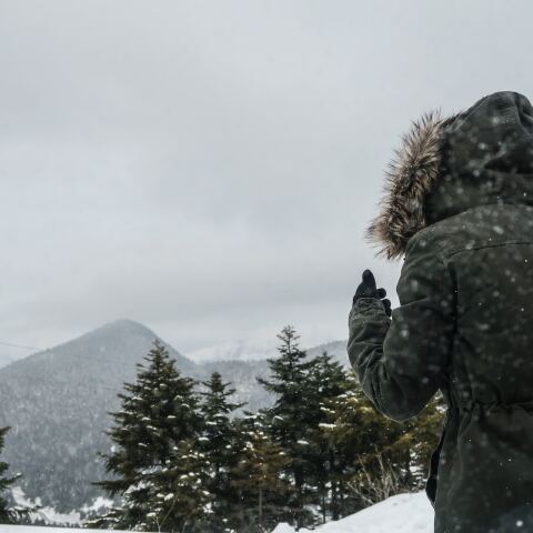 Γυναίκα με μπουφάν και κουκούλα απολαμβάνει τα χιόνια σε χιονισμένο τοπίο με δέντρα 