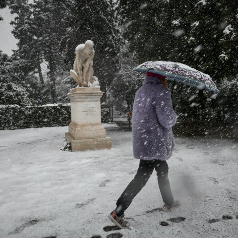 Γυναίκα περπατά με ομπρέλα ενώ χιονίζει 