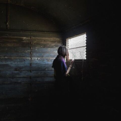 Μια γυναίκα κοιτάζει από το παράθυρο βαγονιού του συρμού Λβ 964