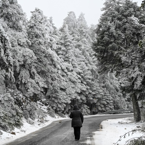 Άτομο με χοντρά ρούχα και κουκούλα περπατά στο χιονισμένο τοπίο