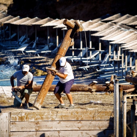Εργάτες απομακρύνουν κορμούς από παραλία όπου έχει γίνει παραβίαση των χρήσεων γης
