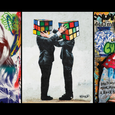 20 χρόνια ATHENS VOICE - 2003-2023: Από αριστερά, έργα των Mr Brainwash, Hijack, Jisbar