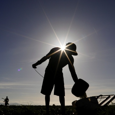 Εργάτης πάνω από μηχάνημα με τον ήλιο κόντρα