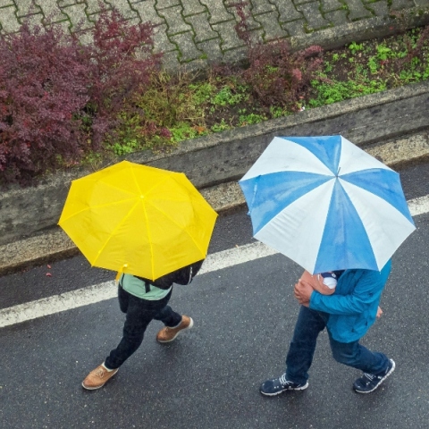 Δύο άνθρωποι περπατούν στον δρόμο κρατώντας ομπρέλα για τη βροχή