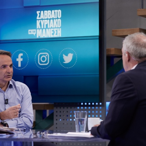 Ο Κυριάκος Μητσοτάκης κατά τη διάρκεια της συνέντευξης με τον Νίκο Μάνεση στο στούντιο της εκπομπής του Alpha