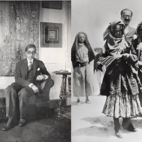 Αριστέρα φωτογραφία του Κωνσταντίνου Καβάφη καθισμένου και δεξιά ο Νίκος Καζαντζάκης με ντόπιες γυναίκες σε ταξίδι του στην Αίγυπτο