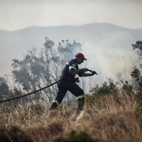 Πυροσβέστης με τη μάνικα ανά χείρας επιχειρεί για την κατάσβεσης φωτιάς