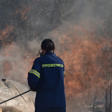 Πυροσβέστης με πλάτη στον φωτογραφικό φακό κατά τη διάρκεια κατάσβεσης φωτιάς