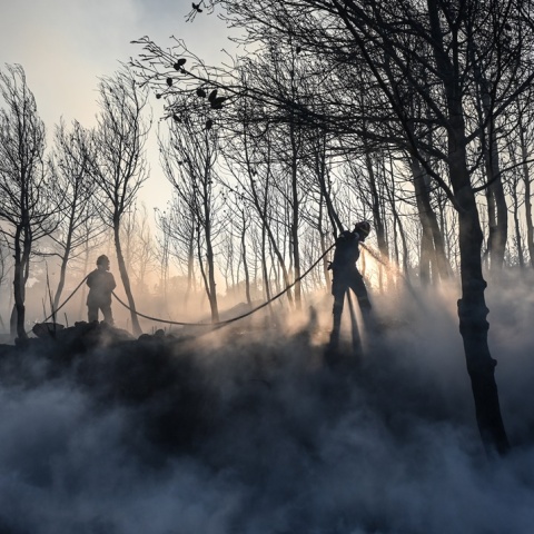 Πυροσβέστες με τη μάνικα διακρίνονται πίσω από καπνούς