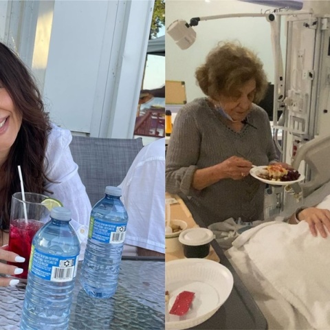 Η Μάρω Λύτρα στη φωτογραφία αριστερά χαμογελά και δεξιά δέχεται φροντίδα ενώ βρίσκεται στο νοσοκομείο