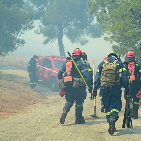 Πυροσβέστες με εξοπλισμό κατά τη διάρκεια κατάσβεσης φωτιάς