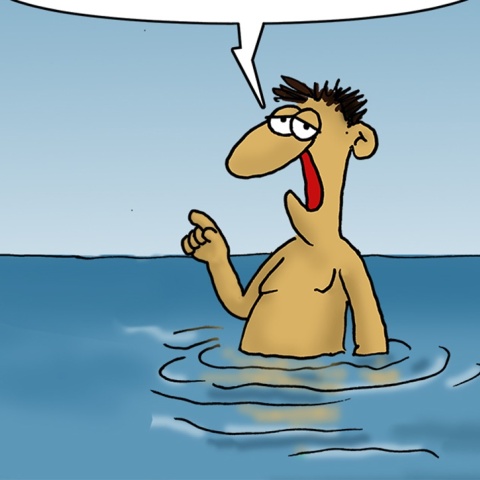 Σκίτσο του Αρκά με τον πρωταγωνιστή να απολαμβάνει το μπάνιο του στη θάλασσα