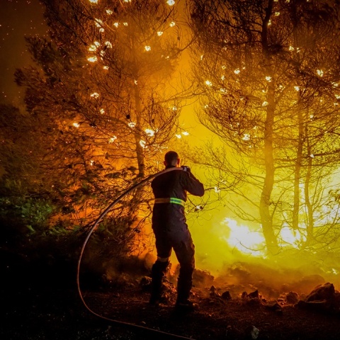 Πυροσβέστης επιχειρεί με μάνικα στην Εύβοια