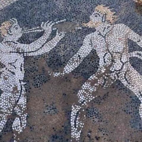 ΥΠΠΟ: Αποκάλυψη βοτσαλωτού ψηφιδωτού δαπέδου με παράσταση Σατύρων στην Ερέτρια - Κατά τις εργασίες τοποθέτησης αγωγού ύδρευσης.