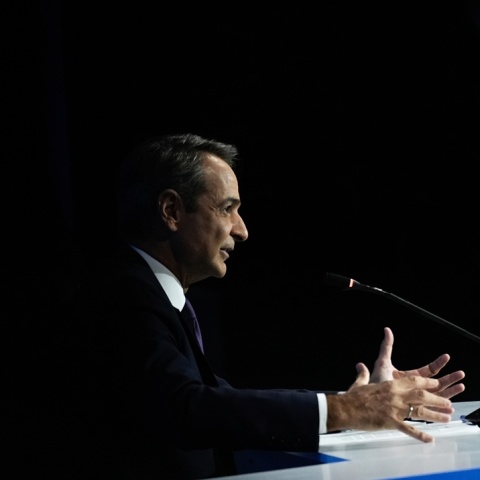 Ο Κυριάκος Μητσοτάκης κατά τη διάρκεια της συνέντευξης Τύπου στην 88η ΔΕΘ