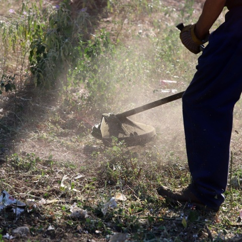 Εργάτης καθαρίζει με χορτοκοπτικό οικόπεδο