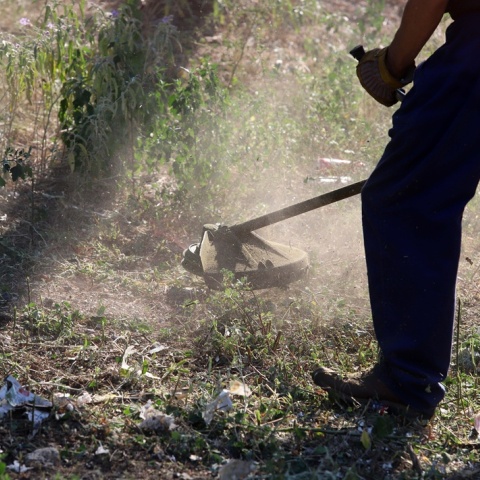 Άτομο καθαρίζει οικόπεδο από τα χορτάρια