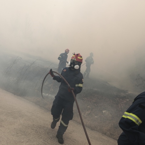 Πυροσβέστες με μάνικα σε επιχείρηση κατάσβεσης