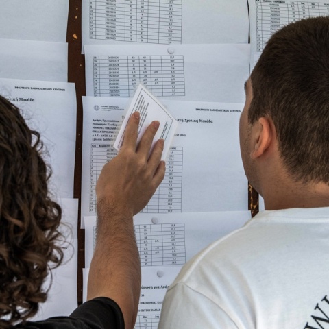 Μαθητές και γονείς έξω από σχολείο όπου ανακοινώθηκαν οι βαθμολογίες των Πανελληνίων 2025 βάσει των οποίων θα καθοριστούν και οι βάσεις 2025