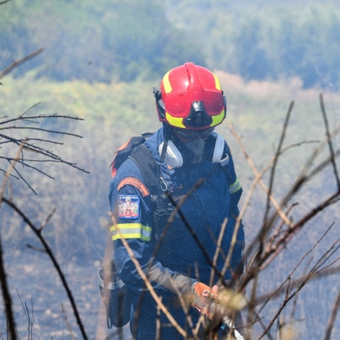 Πυροσβέστης με τη μάνικα ανά χείρας επιχειρεί για την κατάσβεσης φωτιάς