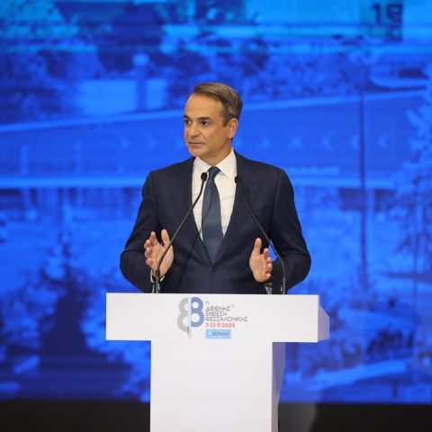 Ο Κυριάκος Μητσοτάκης στο βήμα της ΔΕΘ