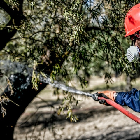 Πυροσβέστης με τη μάνικα ανά χείρας