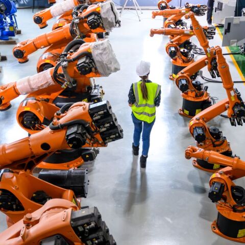 Ρομπότ και εργαζόμενη σε μια βιομηχανική μονάδα