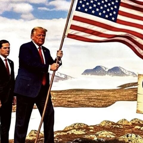 Φωτογραφία AI από ανάρτηση του Ντόναλντ Τράμπ, που τον εμφανίζει να βάζει μια αμερικανική σημαία στη Γροιλανδία και μια πινακίδα να γράφει ΓΡΟΙΛΑΝΔΙΑ ΕΔΑΦΟΣ ΤΩΝ ΗΠΑ ΑΠΟ ΤΟ 2026