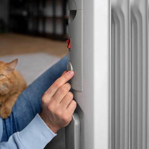 Γυναίκα με γάτα δίπλα από καλοριφέρ