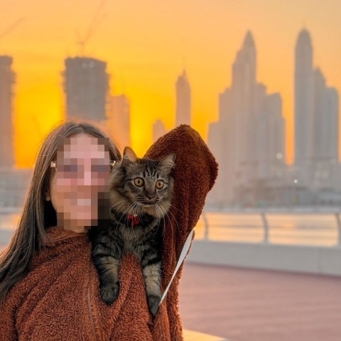 Γυναίκα με γατούλα στον ώμο με φόντο το Ντουμπάι