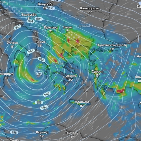 Χάρτης καιρού που απεικονίζει χαμηλό βαρομετρικό