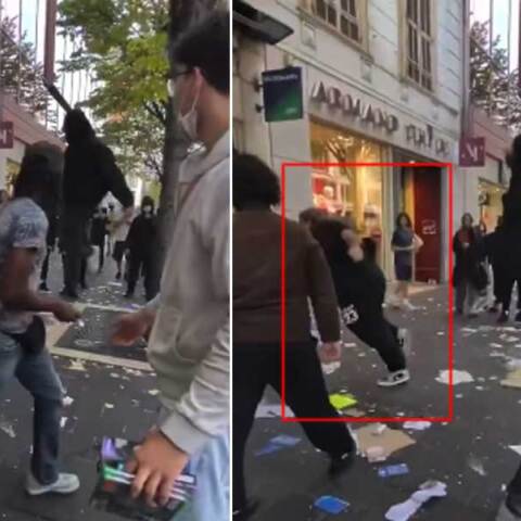 Η στιγμή που διαδηλωτής στη Γαλλία χτυπά πισώπλατα ιδιοκτήτη καταστήματος