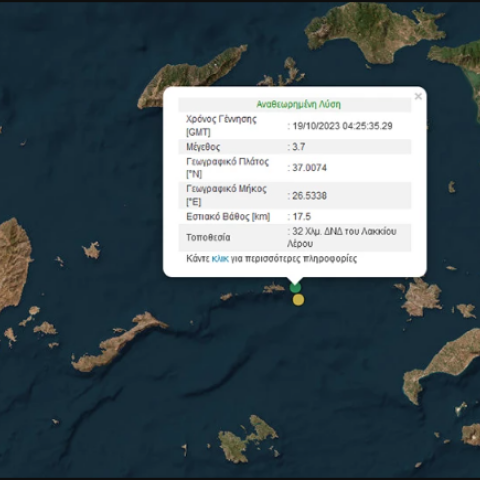 Η αναθεωρημένη λύση του Γεωδυναμικού Ινστιτούτου για τον σεισμό των 3,7 Ρίχτερ στη Λέρο