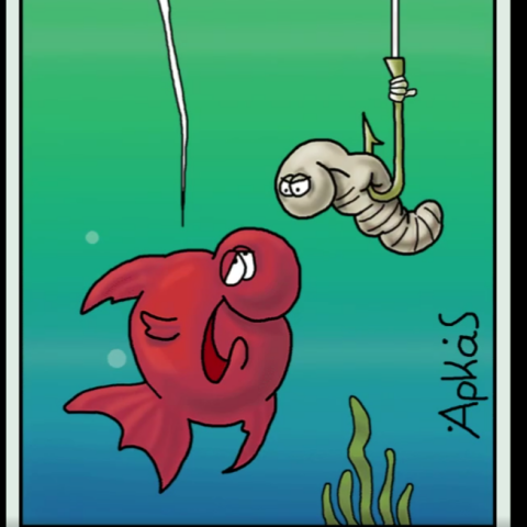 Σκίτσο του Αρκά με ένα κόκκινο ψαράκι και δόλωμα στο αγκίστρι