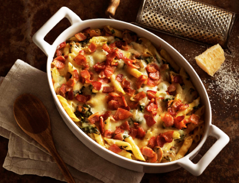 Πέννες στον φούρνο με μανιτάρια, μπέικον και σπανάκι