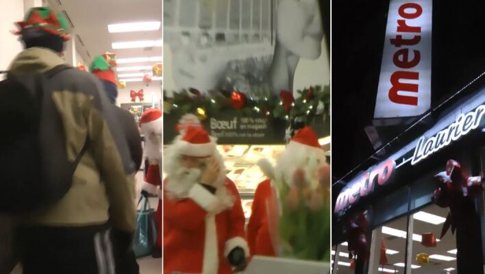 Μεταμφιεσμένοι σε Άγιους Βασίληδες, μέλη συλλογικότητας στο Μόντρεαλ πήραν τρόφιμα από σούπερ μάρκετ για να τα μοιράσουν σε άπορους, καταγγέλλοντας την ακρίβεια