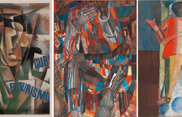 Λιουμπόβ Ποπόβα, Κυβοφουτουριστικό πορτρέτο, 1914, Λάδι σε χαρτόνι / ΒσέβολοντΣουλίμο-Σαμουίλο, Τμήμα από διακοσμητικό πανό για τον Κρατικό Οίκο Τυπογραφίας του Λένινγκραντ, 1927, Λάδι σε καμβά / Αλεξέι Μοργκουνόφ, Όρθια φιγούρα (αεροπόρος), 1913, Λάδι σε καμβά 